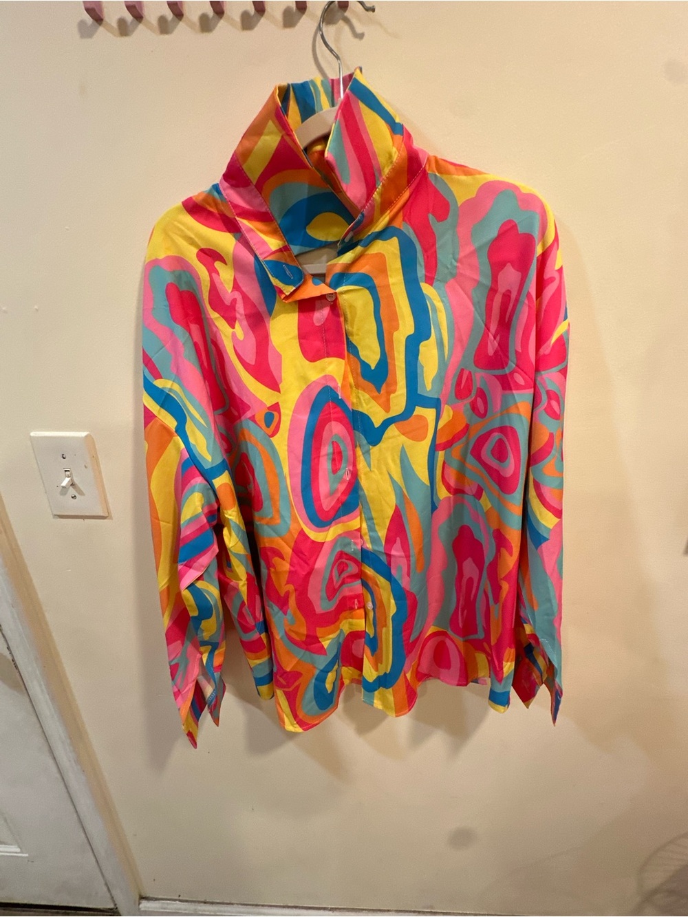 SHEIN Multicolor Abstract Button-Down Shirt - Pink Yellow Blue